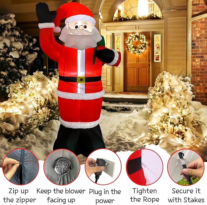 Inflatable Christmas Yard Decorations 8FT Santa Claus with Gift Bag Blow Up Outdoor Decoration with Built-in LED Light for Indoor Outdoor Party Holiday Xmas Garden Lawn Décor