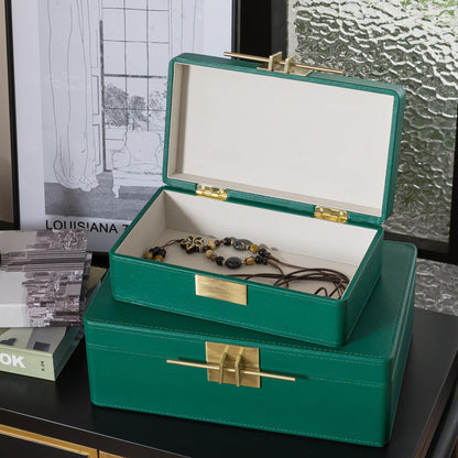 Soul & Lane Faux Leather Decorative Boxes with Lids for Home Decor, Set of 2 Stacking Hinged Boxes for Coffee Table and Living Room Shelves, Remote Control Holder, Emerald Green