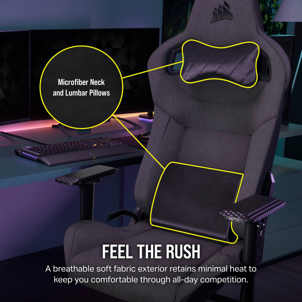 Corsair T3 Rush Fabric Gaming Chair (2023) – Racing-Inspired Design – Soft Fabric Exterior – Padded Neck Cushion – Memory Foam Lumbar Support – Adjustable Seat Height – Charcoal