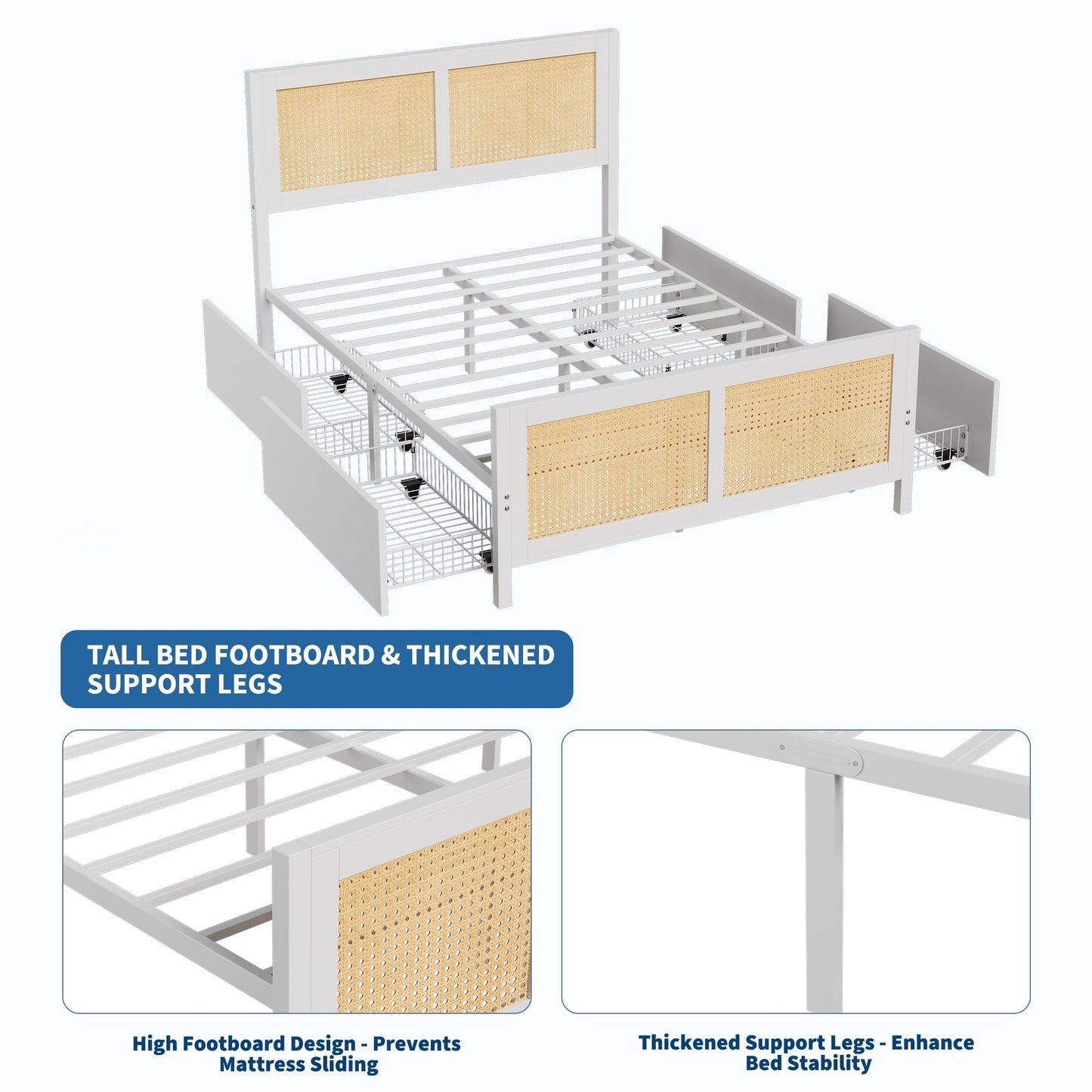 Garvee Rattan Full Bed Frame with LED Headboard (7 Colors), Boho Cane Platform Bed with 4 Large Drawers, Strong Metal Slats Support, Noise Free, No Box Spring Needed, Easy Assembly, White