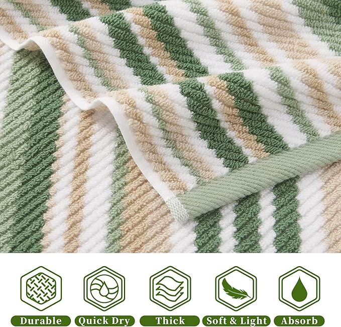 Green Hand Towels Set of 4, Striped Hand Towels