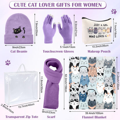 Mepase 6 Pcs Winter Cat Gifts Set for Women Birthday Include Cat Beanie, Scarf, Touchscreen Gloves, Flannel Throw Blanket Makeup Pouch and Transparent Zip Tote Purple Knit Valentine Gift Accessories