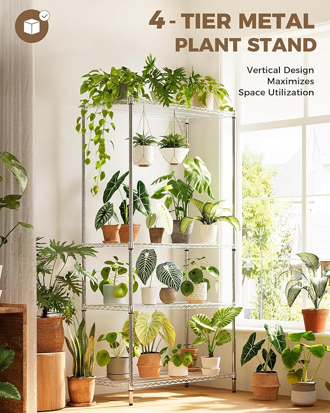 Large Plant Shelf Indoor Plant Stand Outdoor 4 Tier for Plants Heavy Duty 3000lbs Plant Rack Storage Shelves Adjustable Tall Plant Holder for Balcony Garden Patio