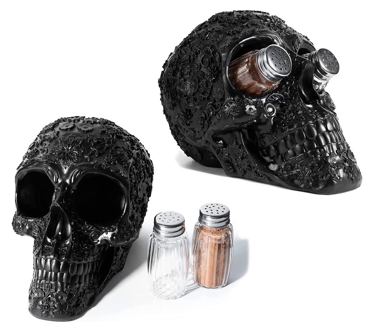 Skull Salt & Pepper Shaker Set, Decorations Kitchen Spice Holder, Evil Human Medieval Polyresin Skull Salt & Pepper Holder, Day of the Dead Home Kitchen Organizer Decor Gifts for Her and Him