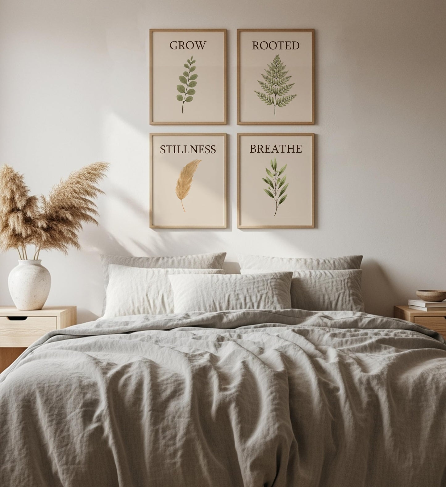 AMERICAN LUXURY GIFTS Breathe Grow Stillness Rooted Botanical Prints - Minimalist Typography Zen Wall Decor for Bedroom Bathroom Office - Set of 4, 8x10 Unframed Prints