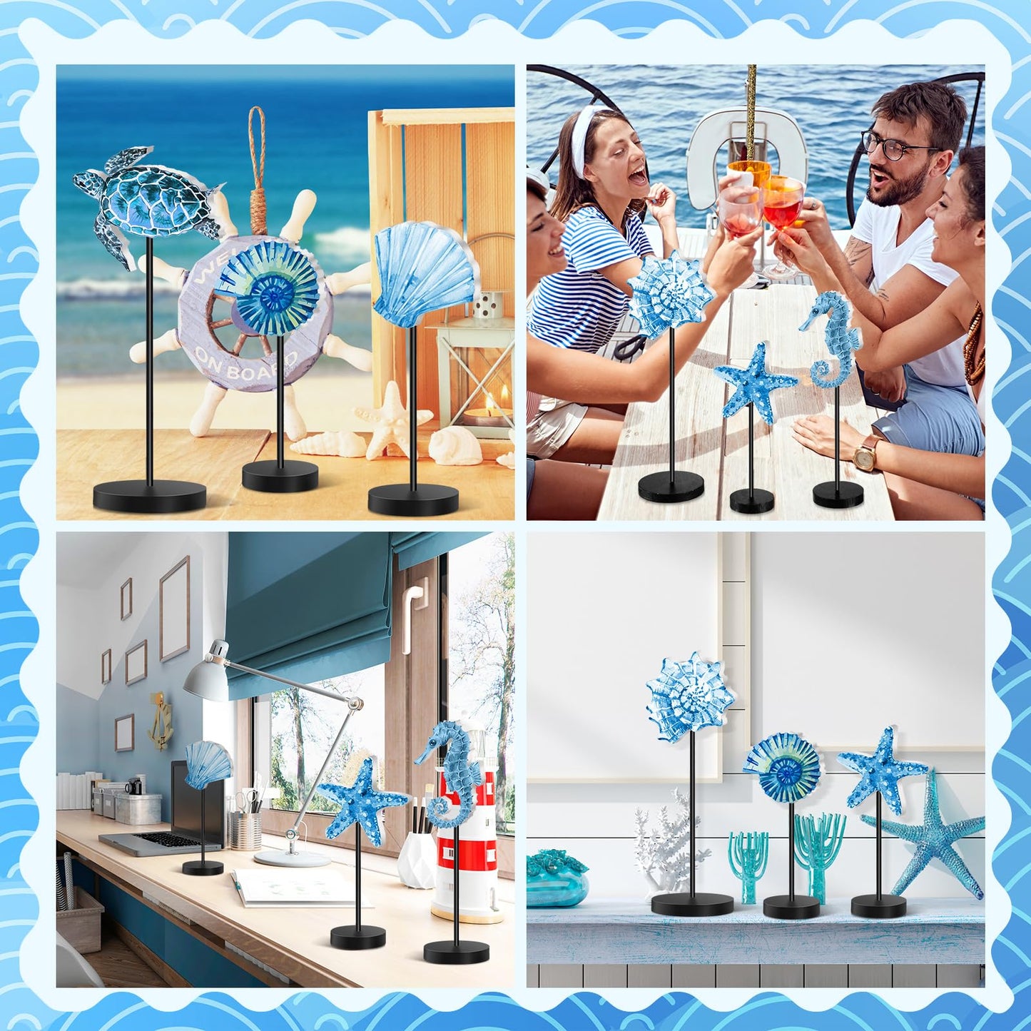 Wenqik 6 Pcs Summer Ocean Wood Table Sign Standing Wooden Starfish Sea Turtle Seashell Shell Tabletop Home Decor Rustic Wooden Tabletop Centerpiece Standing Block Decorations for Farmhouse Kitchen