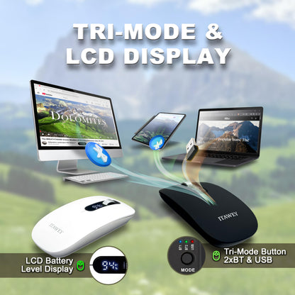 ITAWEY Wireless Mouse & Pad Combo - LCD Display, Bluetooth & USB Receiver, Tri-Mode, Rechargeable, Quiet Clicks, with USB-C Converter, Precise Steel Scroll Wheel, 3200 DPI for PC, Laptop, Tablet