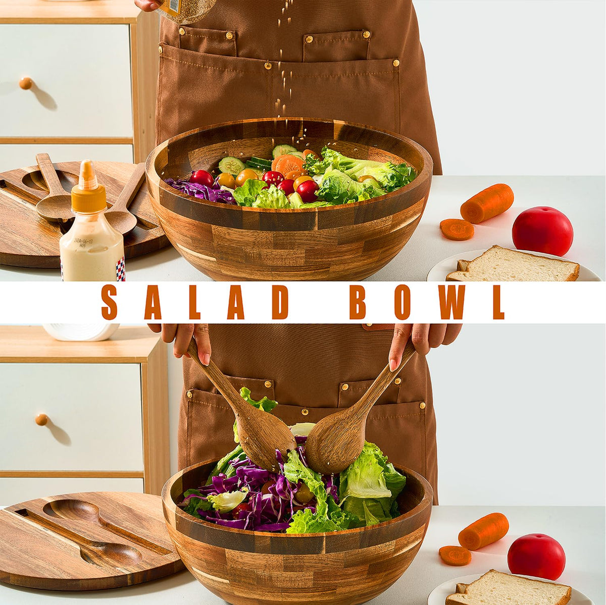 JOYMAY Salad Bowls Wood Salad Bowl Set with Lid 11.8 Inch Large Wooden Bowls Set Acacia Wood Serving-Bowl with Serving Utensils Bowl for Kitchen, Dining, Party