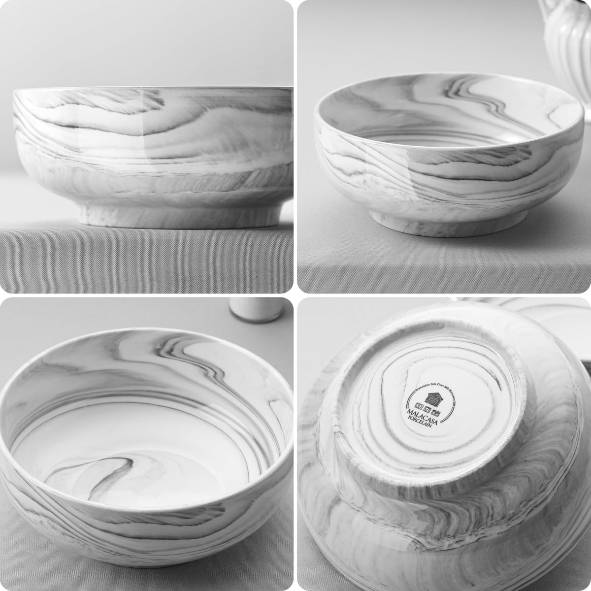 MALACASA Large Serving Bowls, 60 OZ (8'') Salad Bowls Set of 2, Ceramic Mixing Bowls for Kitchen, Serving Bowl for Soup, Pasta, Side Dishes and Entertaining, Marble Grey, Series REGULAR