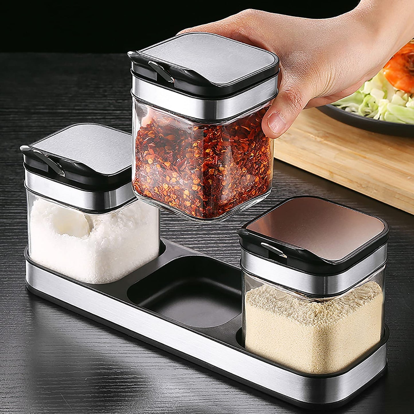 SvaTao Condiment Jar Spice Container with 304 Stainless Steel Lids and Spoons,Clear Glass Condiment Canisters Pots Seasoning Box Salt Container Sugar Bowl Set of 3 for Kitchen, Counter, Food Storage