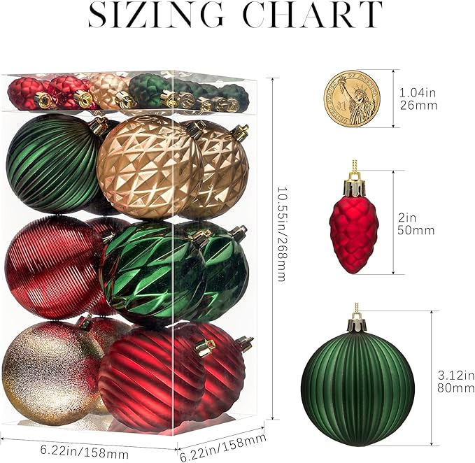 JORNOY Christmas Tree Ornaments, 3.12inch/80mm Shatterproof Ornaments for Christmas Tree Set - Plastic Decorative Hanging Balls Ornaments for Xmas Tree Decorations, 32ct (Red & Green & Gold)