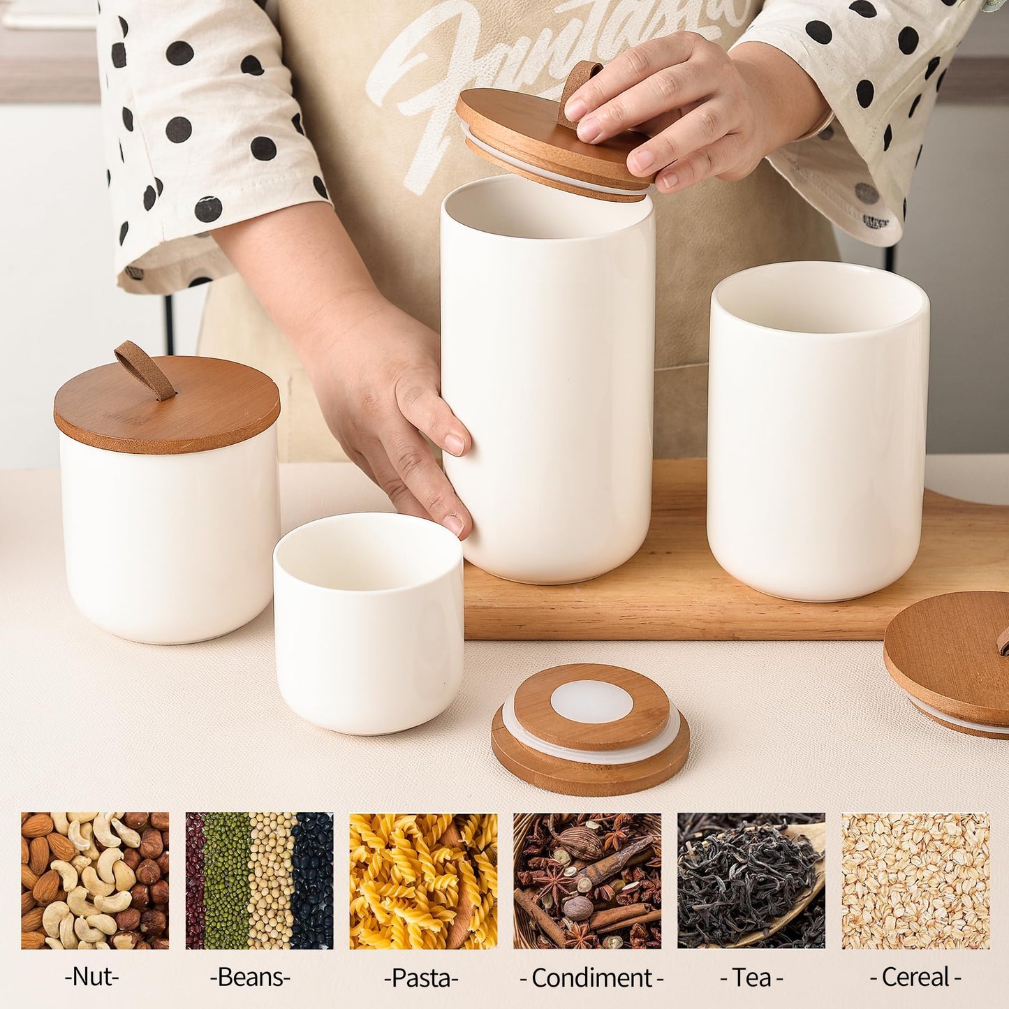 CoorFormer White Ceramic Canister Set with Bamboo Lids, 4-Piece Airtight Food Storage Jars for Kitchen – Flour, Sugar, Coffee, Tea, Spice – Smaller, Small, Medium, Large Sizes
