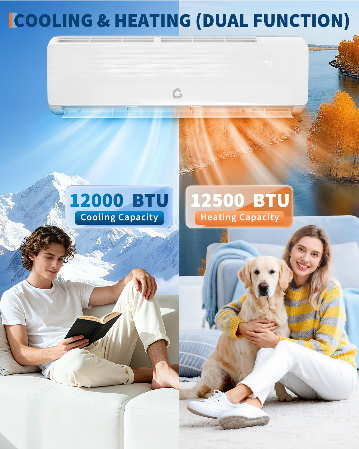 GarveeTech 12000 BTU Mini Split Air Conditioner - 19 SEER2 Ductless Inverter AC with 115V, Cools Up to 750 Sq. Ft, Built-in Heat Pump System, White