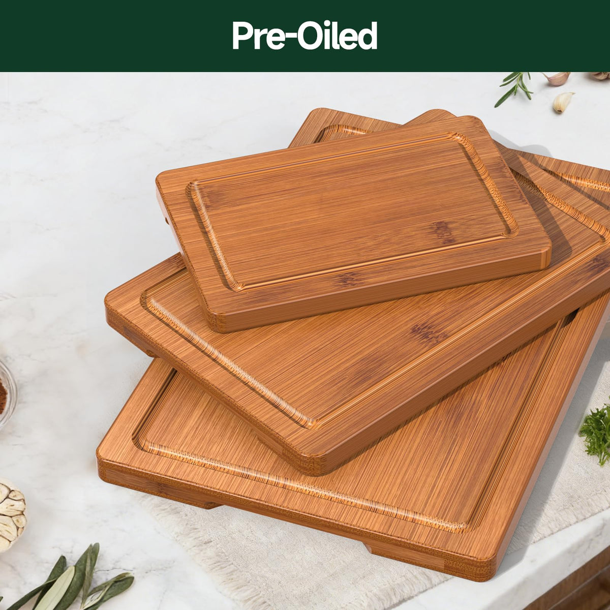 Zeawec 3-Piece Set Deep-Carbonized Bamboo Cutting Board for Kitchen - Crack-Resistant Wood Chopping Boards with Deep Juice Grooves, Pre-Oiled Butcher Block for Meat, Vegetables & Cheese, Carbonized
