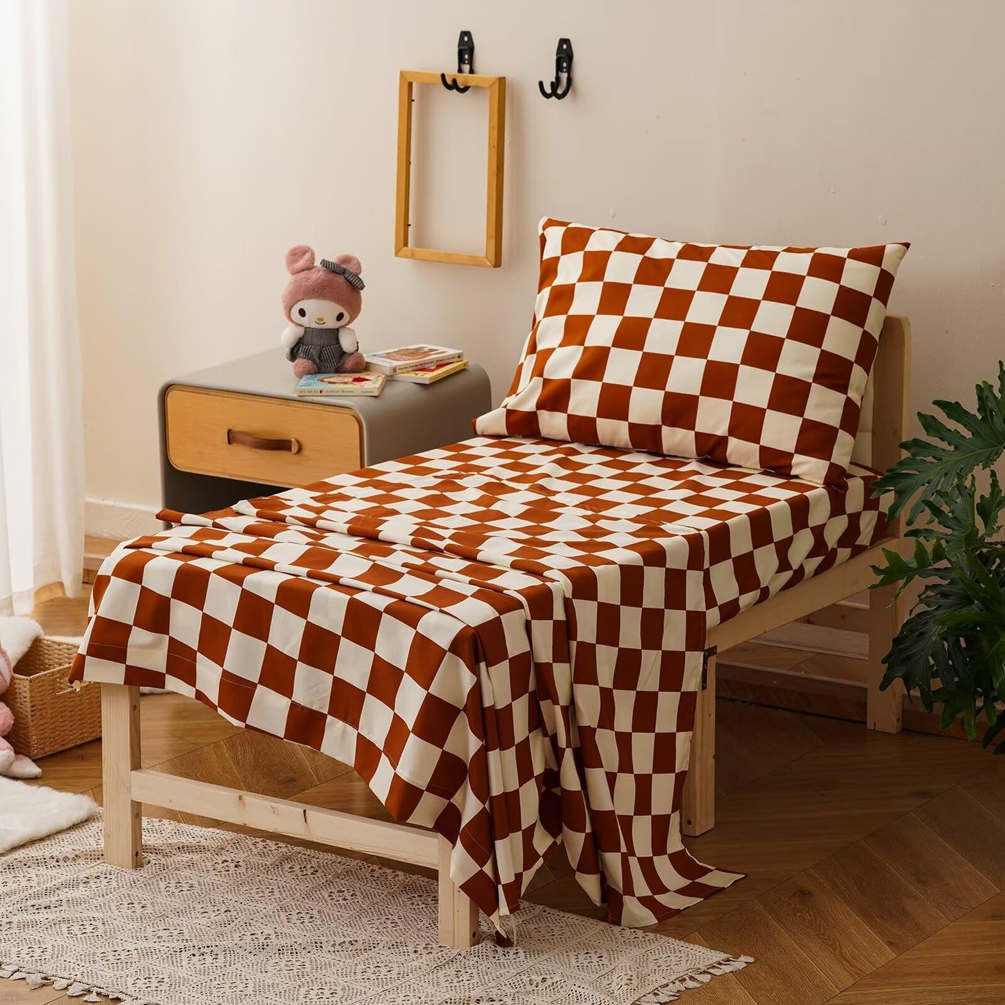 CLOTHKNOW 4Pieces Brown Plaid Toddler Bedding Sets for Boys Girls Grid Comforter, Soft Crib Bed Set Including Comforter, Flat Sheet, Fitted Sheet and Pillowcases