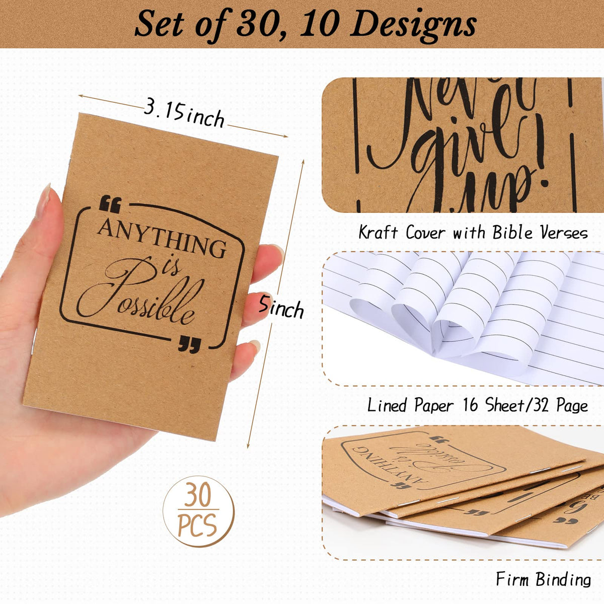 Fulmoon 60 Pcs Motivational Pens Inspirational Notebooks Gifts Bulk Inspirational Ballpoint Pen Small Note Pads Appreciation Gifts for Employee Volunteer Teachers Student Grad Party Favor (Brown)