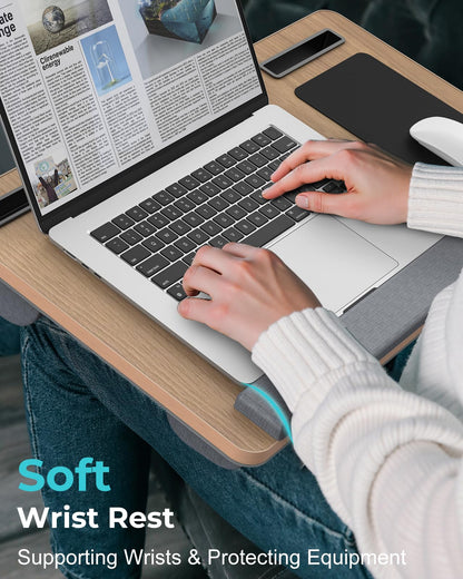 Potuopy Lap Desk - Up to 17” Laptop Tray with Wrist Rest, Portable Handle, Fixed Mouse Pad, Tablet & Phone Slots, Laptop Stand for Bed with Cushion (Dark Brown Woodgrain)