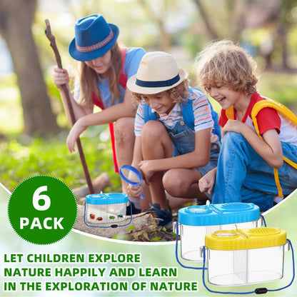 6 Pack Bug Catcher Kit for Kids Bulk Insect Habitat Viewer with Magnifying Glass Vents Portable Bug Collection Cage with Lanyard Nature Outdoor Explorer Set for Boys Girls Birthday Gift(Yellow，Blue)