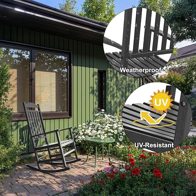 Patio Rocking Chair Outdoor Set of 1,Weather Resistant Poly Resin Oversized Porch Rocker,High Back Smooth Design,350lb Weight Capacity,Indoor Outdoor Use