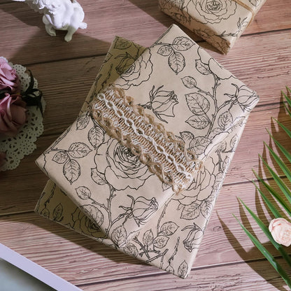 Kraft Floral Wrapping Paper Roll, Vintage Rose Wrapping Paper, Rose Print Design, Brown and Black Kraft Gift Wrap Paper for Birthday Mother's Day Bridal Shower Baby Shower Wedding, 17Inch×33Feet