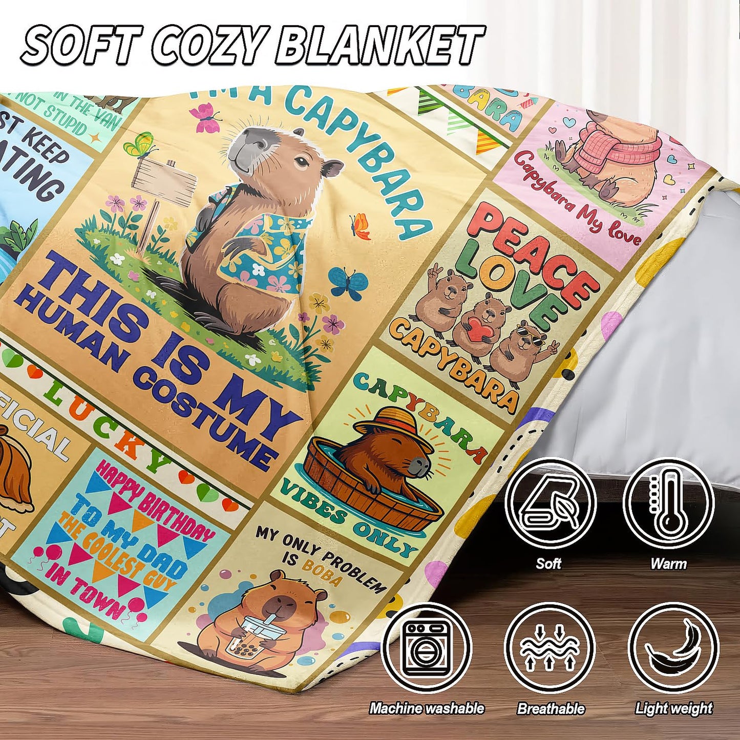 XSMEI Capybara Throw Blanket, Funny Quotes Cartoon Design, Soft Cozy Fleece Blanket for Couch Bed, 40 x 50 Inches