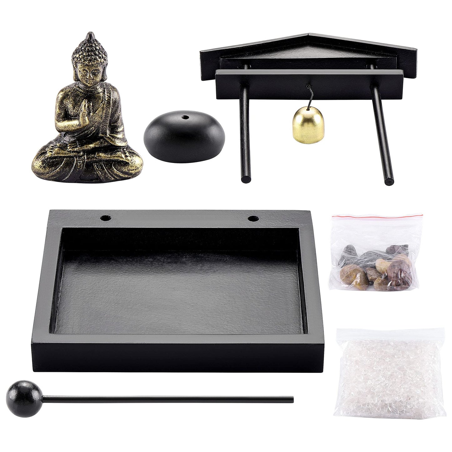 Jovivi Zen Garden Set Buddha Statue, Mallet & Rocks and Crystals & Incense Stick Holder Bowl & Wooden Display Tray for Yoga Meditaion Home Table Decor Gift