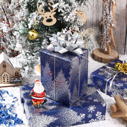 LeZakaa Christmas Wrapping Paper Bundle -Mini Roll with Bow, Ribbon, Sticker, Gift Tag -Navy with Silver Foil Design with Snowy Woodland Scenes/Snowflake/Tree-17x120 inches-3 Rolls (42.5sq.ft.ttl.)