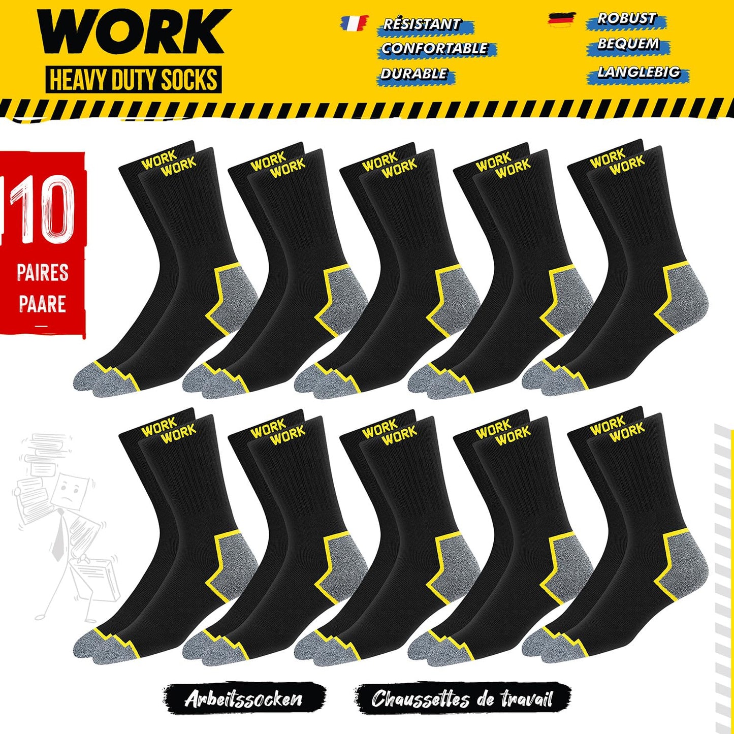 SOXCO WORK Socks for Men 9-12 Crew Length Black Heavy Duty Socks 10 Pairs, 9-11