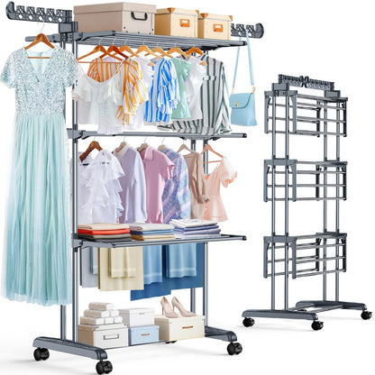 PurKeep Thicken & Durable Clothes Airer, Extra Large 4-Tier Capacity Foldable Clothes Drying Rack with Wheels, Stainless Steel Clothes Horse for Indoor/Outdoor Use in Bedroom, Laundry Room
