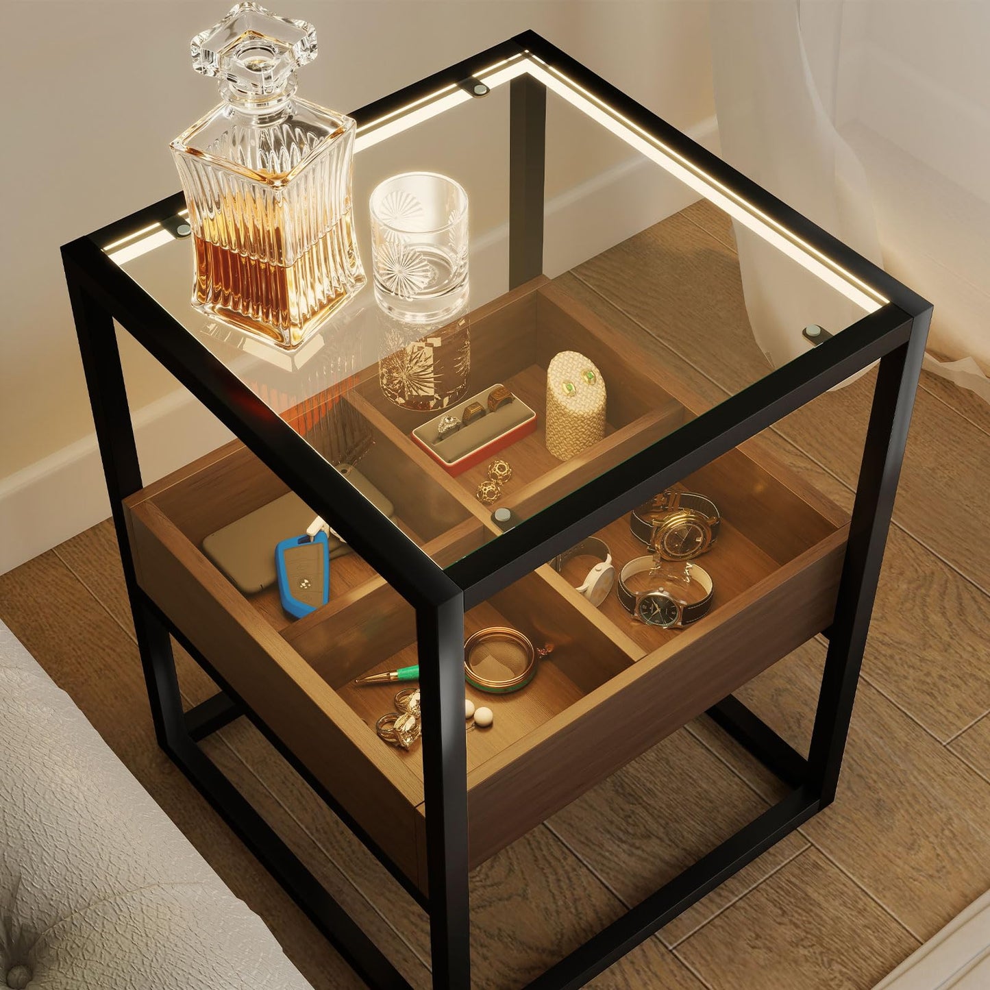 Permory Tempered Glass Top End Table with USB Port, Dimmable Warm Brown-Toned COB Strip Light for Living Room Bedroom