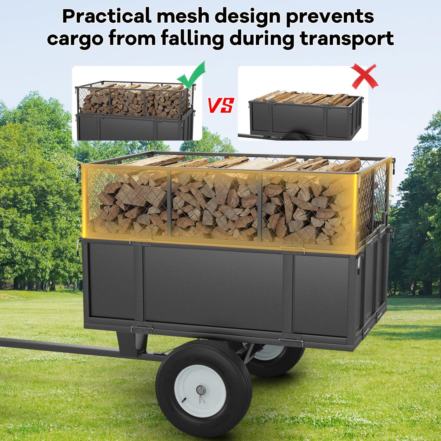 Garvee GarveeTech Heavy Duty 750 LBS Utility Trailer – 17 Cu Ft ATV Dump Trailer with Removable Sides, Pneumatic Tires & Quick-Dump Pull-Behind Yard Cart for Tractors, UTV, Lawn Mowers