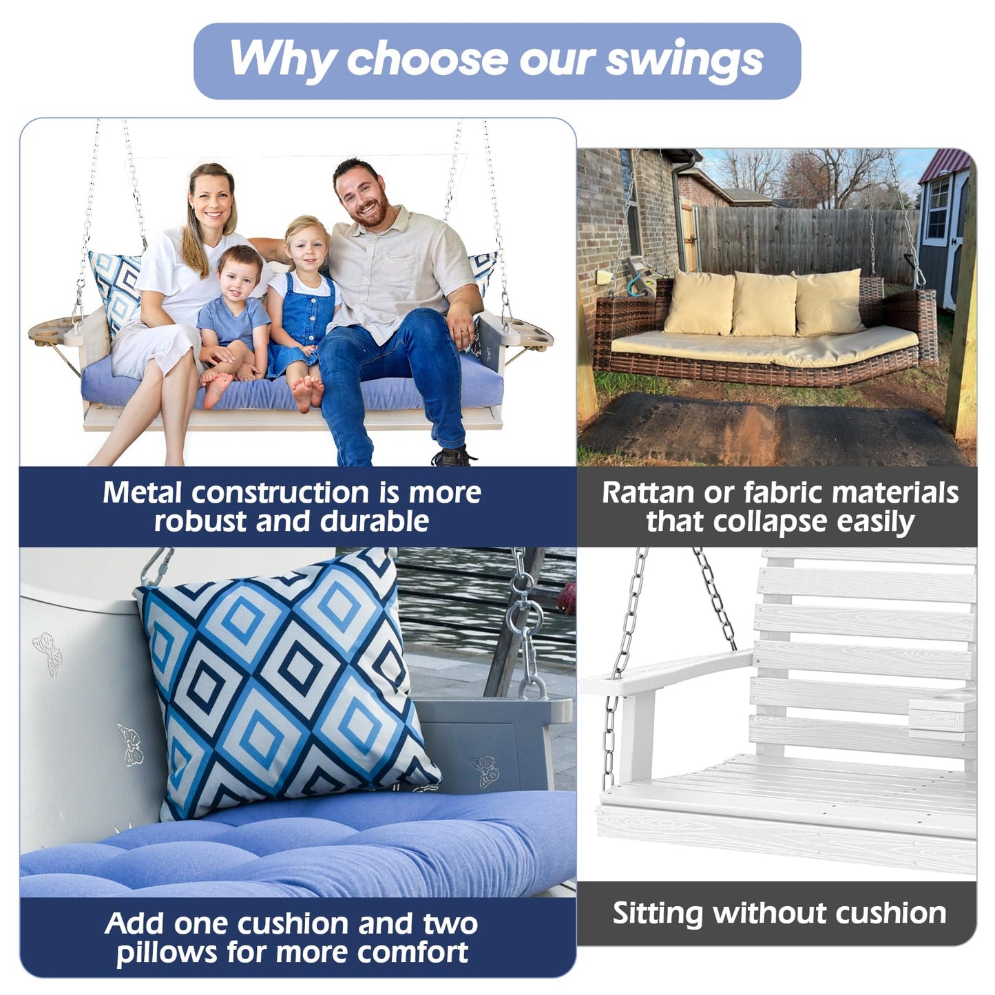3-Seat Metal Porch Swing 900 LBS Heavy Duty Hanging Bench with Upgraded Tray & Cushions Rust-Resistant Finish Swing Chair with 8.9FT Chains for Patio Lawn Garden