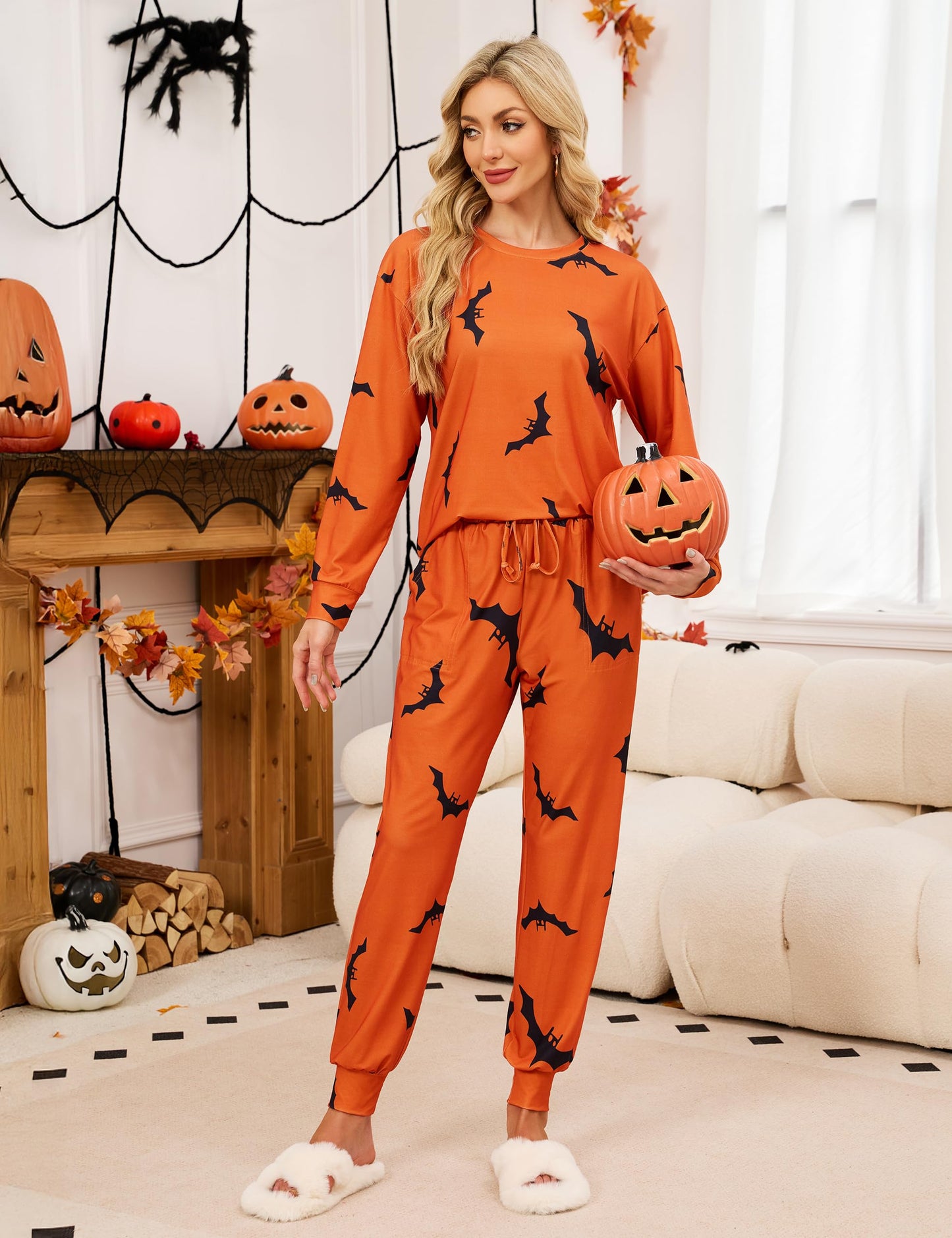 Blooming Jelly Womens Cute Pajama Sets Bat Long Sleeve Halloween Pjs Drawstring Lounge Sets 2025 (M, Orange)