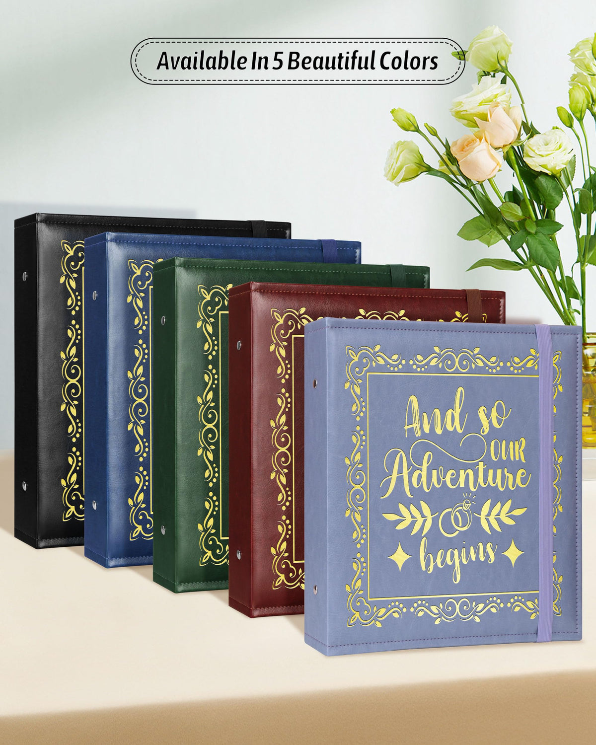 4x6 Wedding Photo Album Holds 100 Photos & 20 Acid-Free Writing Sheets, Leather Scrapbook And So Our Adventure Begins, Romantic Memory Book for Couples, Bride & Groom Wedding Gift (Blue)