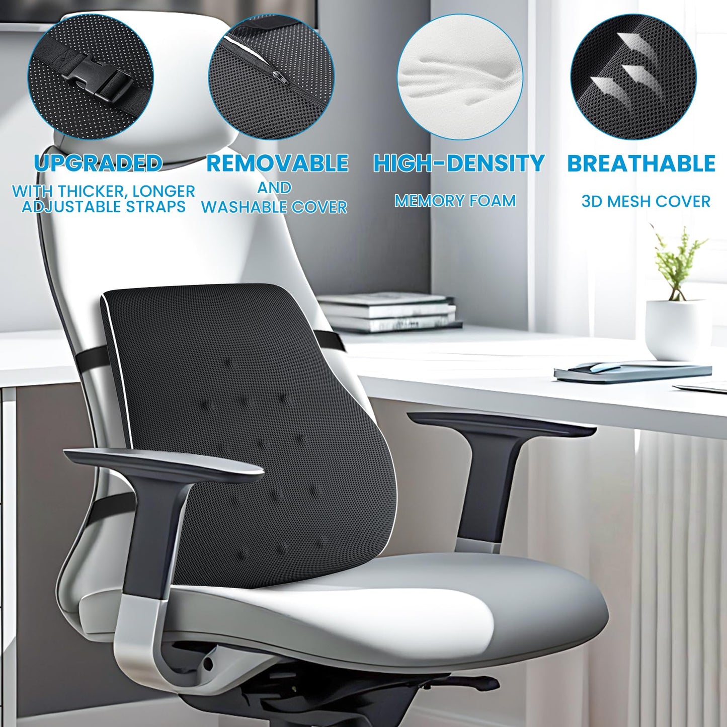 QUTOOL Lumbar Support Pillow for Office Chair,Office Home Essentials,Back Support Pillow for Car, Chair Cushions,Back Pain Relief Improve Posture,Mesh Cover Double Adjustable Straps