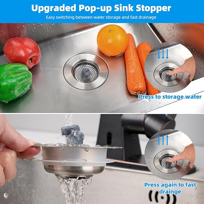 Hibbent 3 in 1 Kitchen Sink Drain Strainer, Stainless Steel Drain Stopper Combo