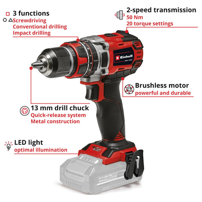 Einhell Impact Drill Driver TE-CD 18/50 Li-i BL Solo Power X-Change (Li-ion, 18 V, 50 Nm, Brushless Motor, 2-speed Gearing, Soft Grip, Supplied Without Battery or Charger)