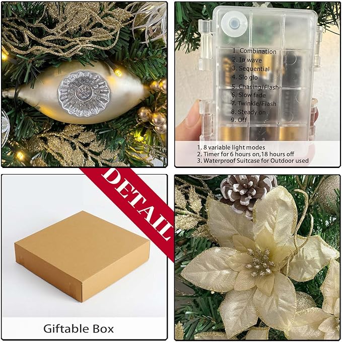 WANNA-CUL Pre-Lit 24 Inch Lighted Christmas Wreath for Front Door Champagne Gold Christmas Door Wreath Decor with Ball Ornaments, Poinsettia Flowers,Ribbon,Pine Cones,Battery Operated 30 LED Lights