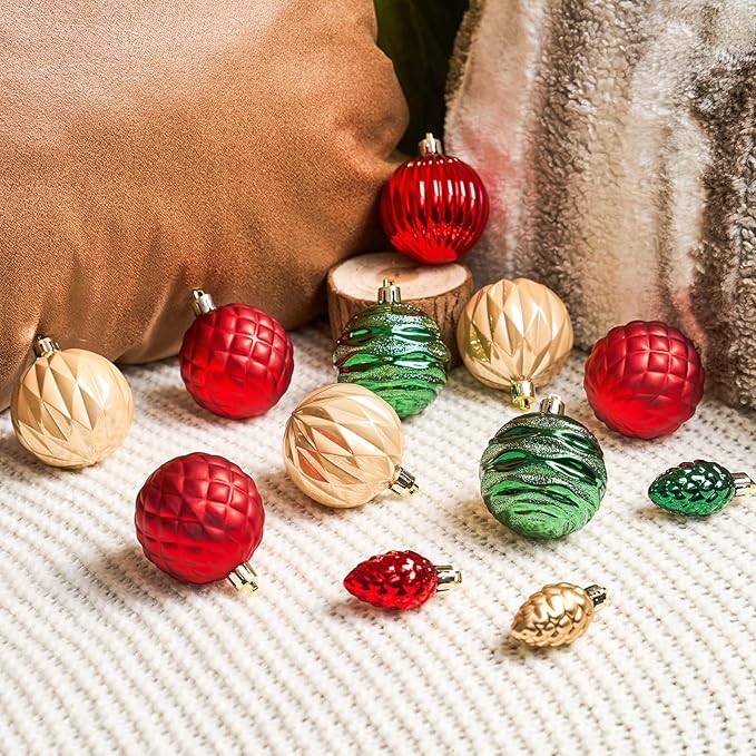 JORNOY Christmas Tree Ornaments - 2.36inch/60mm Shatterproof Ornaments for Christmas Tree Set Plastic Decorative Hanging Balls Ornaments for Xmas Tree Decorations, 40ct (Red & Green & Gold)