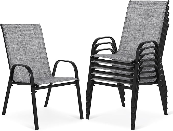 Outdoor Stackable Chairs Set of 6, Stacking Patio Chairs with Textilene Fabric, Outside Furniture for Garden Backyard Balconie Poolside Deck, Grey