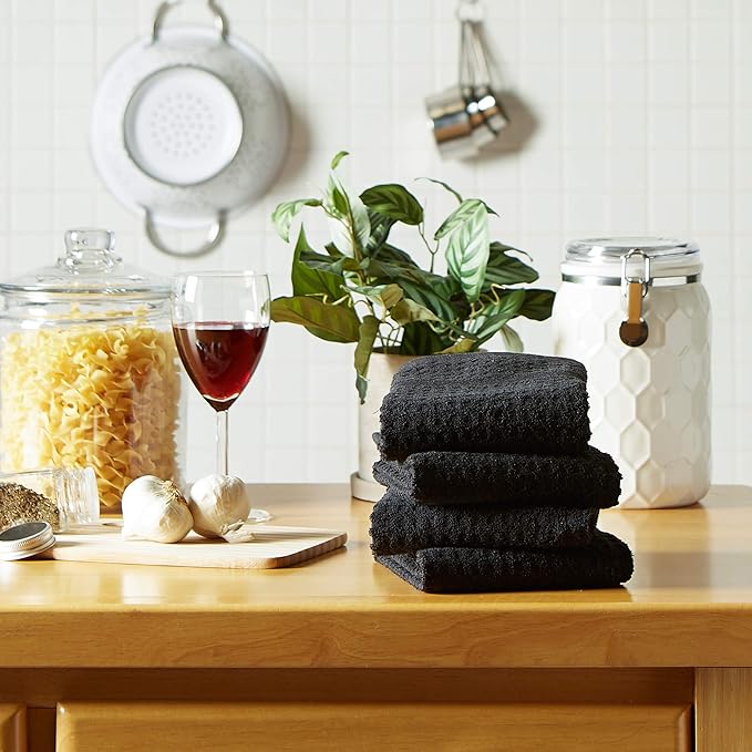 DII Basic Terry Collection Waffle Dishtowel Set, Solid Black, 4 Piece