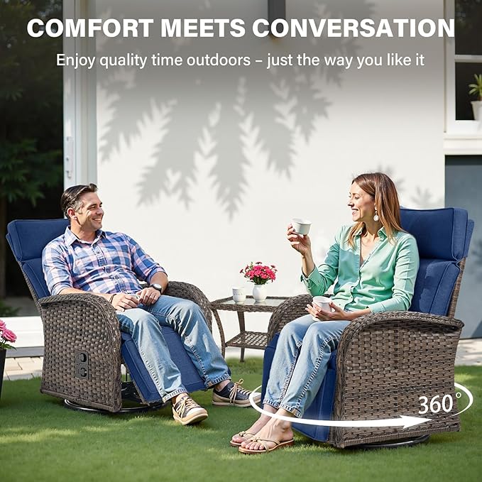 Belord 5 Piece Wicker Patio Furniture Set with 30" Propane Fire Pit Table, Outdoor Swivel Recliner Chairs with Adjustable Backrest & Footrest for Patio Conversation and Backyard Gathering