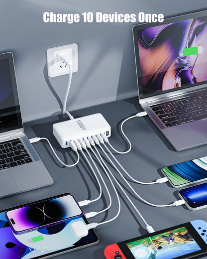 1000W USB C Charger Block,10-Port USB C Charging Station GaN IV Travel Essentials Multiple Port Charging Station,140W Laptop Fast Charger Adapter for MacBook Pro/Air,DELL,iPad,iPhone,Samsung Galaxy