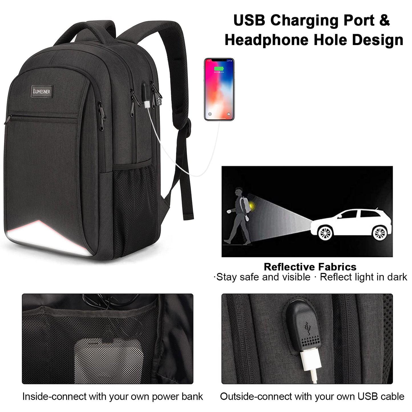 Lumesner Travel Laptop Backpack with USB Charging Port; 15.6 Inch Anti Theft Business Backpack for Men & Women; Water Resistant Computer Rucksack for School/Work/Travel