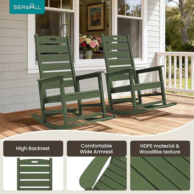 SERWALL Outdoor Rocking Chair Set of 2, Oversized Rocking Chair with Footboard for Adults, HDPE All Weather Resistant Rocking Chairs for Patio, 350lbs Weight Capacity,Avocado Green