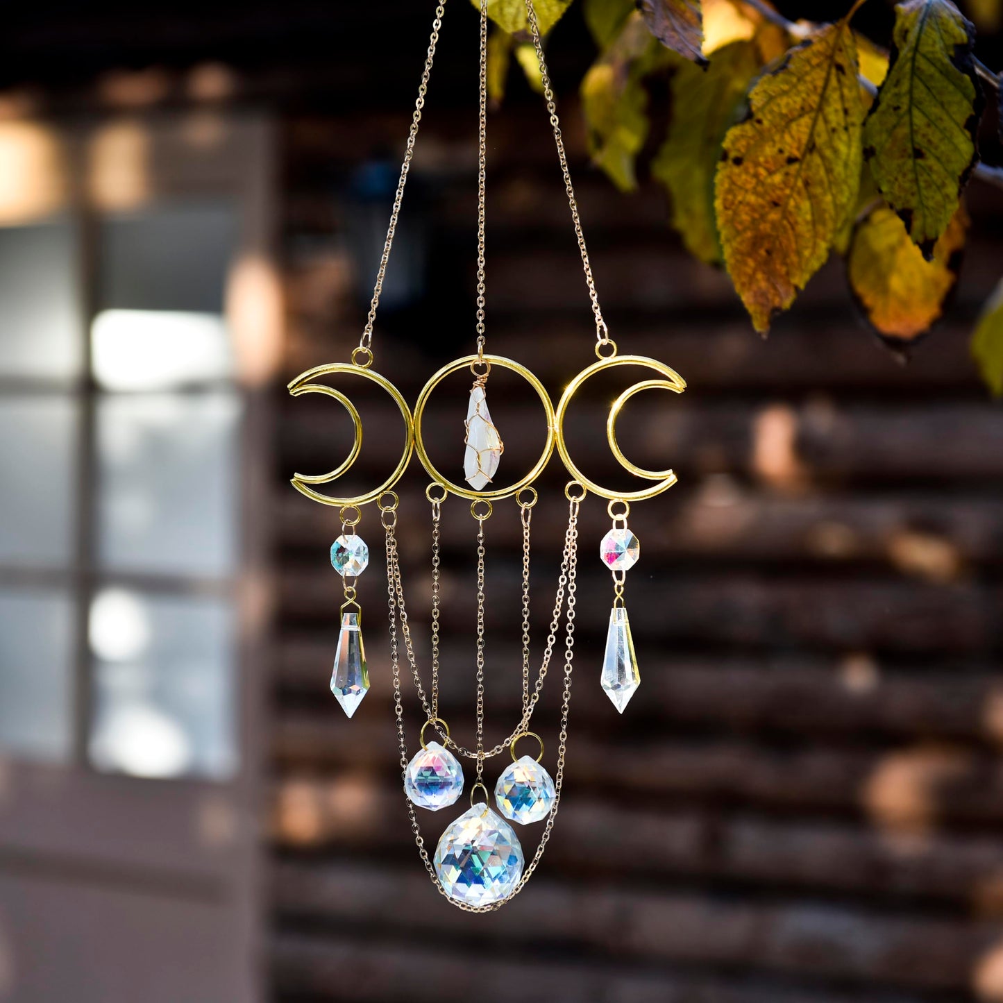 Bohemian Moon Crystal Suncatcher, Hanging Crystal Decoration for Window