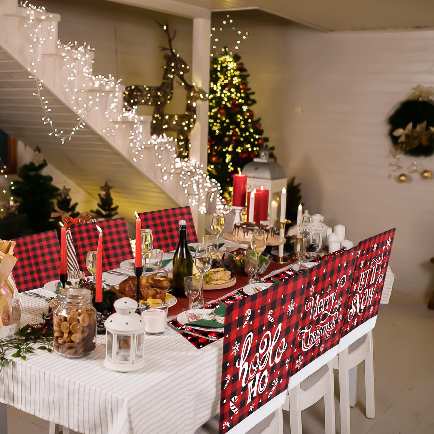 CCINEE 6pcs Christmas Chair Back Covers, Red and Black Buffalo Plaid Chair Slipcovers with Snowflake Xmas Chair Back Cover for Dining Room Kitchen Wedding Hotel Xmas Party Table Decor