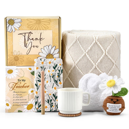 Remerry Teacher Appreciation Gift Box for Women End of Year Thank You Teacher Gift from Student Blanket Mug Coastal Journal Socks and Greeting Card for Teachers Women Graduation Set of 9(Daisy)