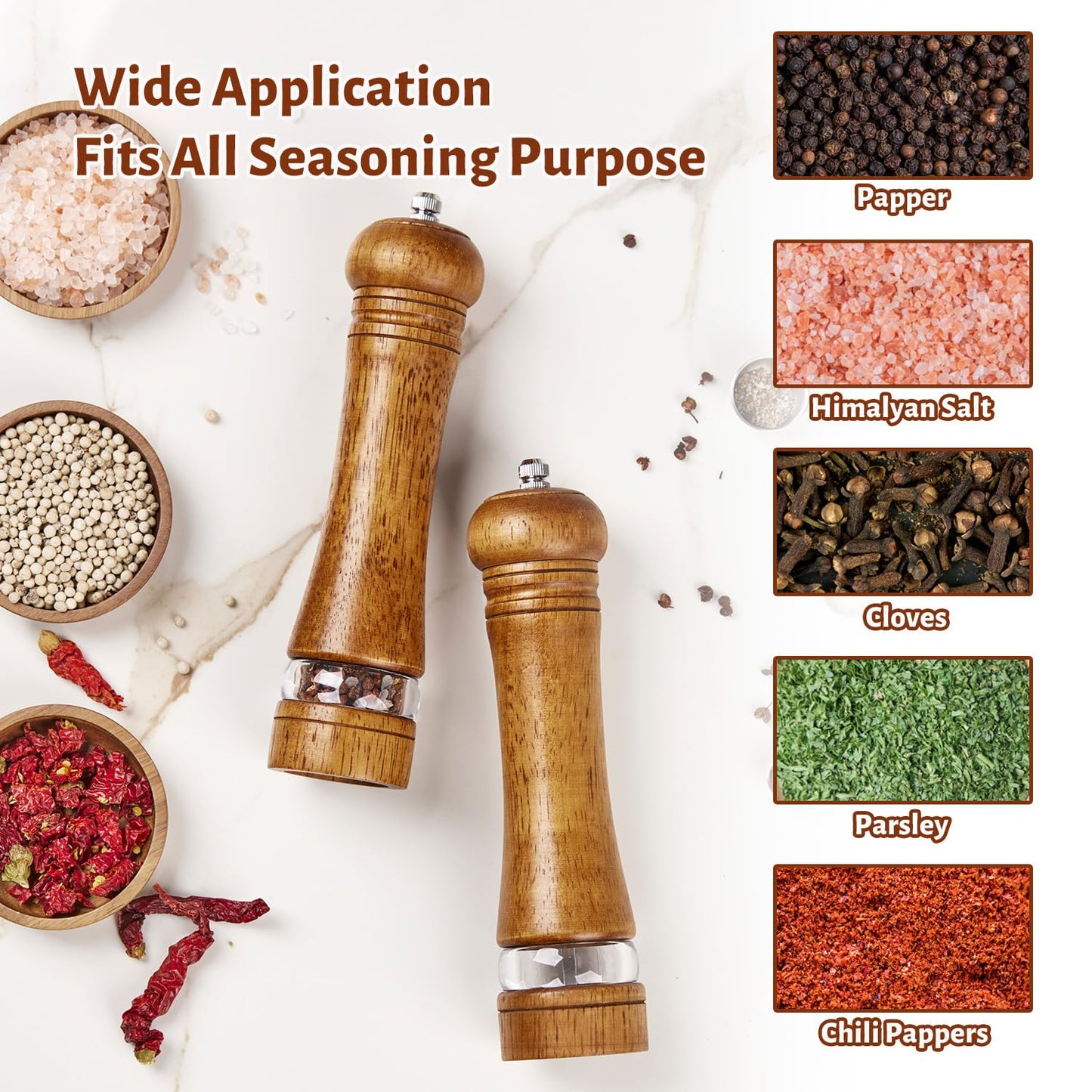 ROCKSHEAT Wooden Pepper Grinder Set of 2, 8 Inch Beech Wood Pepper Mills with Stainless Steel Core, Manual Pepper Grinder with Comfort Grip & Effortless Grinding for Kitchen Cooking