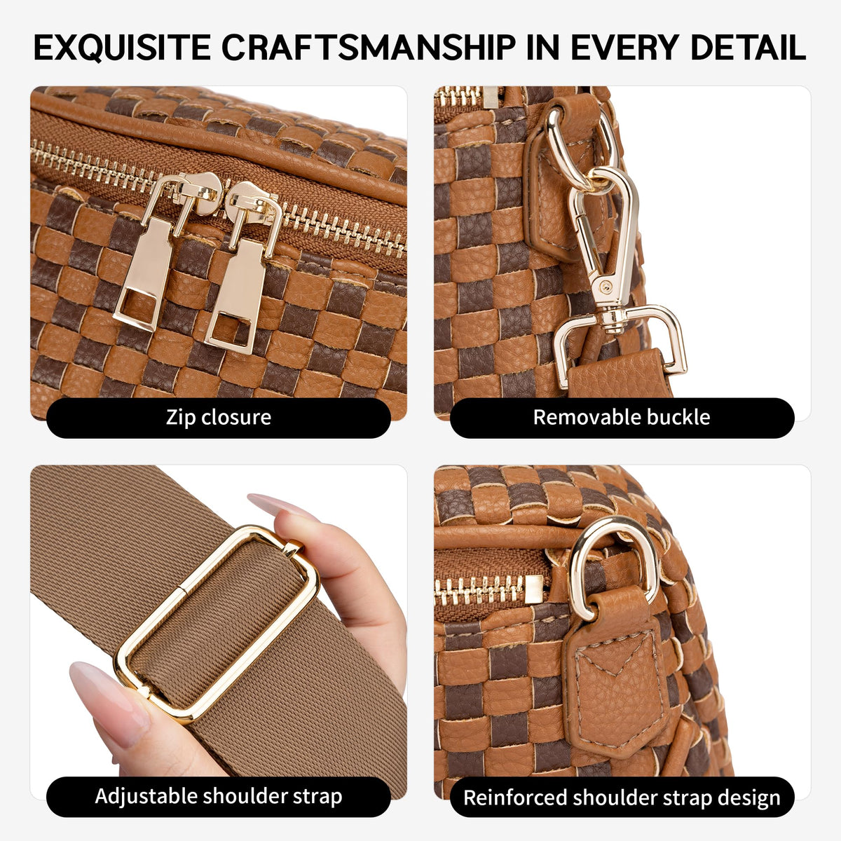 FODOKO Woven Crossbody Bag for Women Woven pu Leather Bum Bags Checkered Cross body purse with zipper Adjustable straps（Checkered Coffee brown